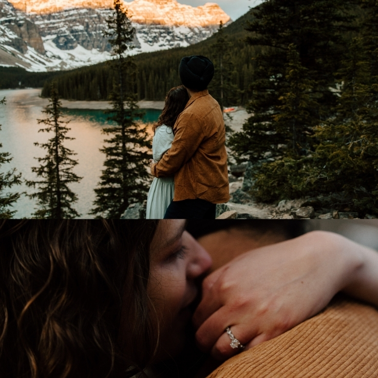 An engaged couple overlooking an alpine lake at sunrise and sharing an intimate close-up embrace during a cinematic Banff National Park engagement session in Alberta, Canada.