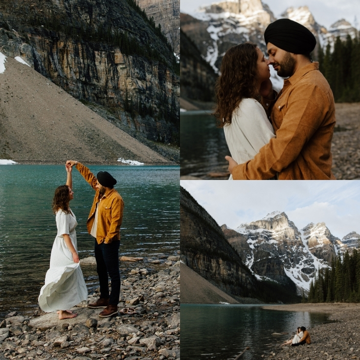 Romantic engagement photos of a couple dancing beside Moraine Lake, embracing near the water, and soaking in the mountain views during a cinematic Banff National Park engagement session.