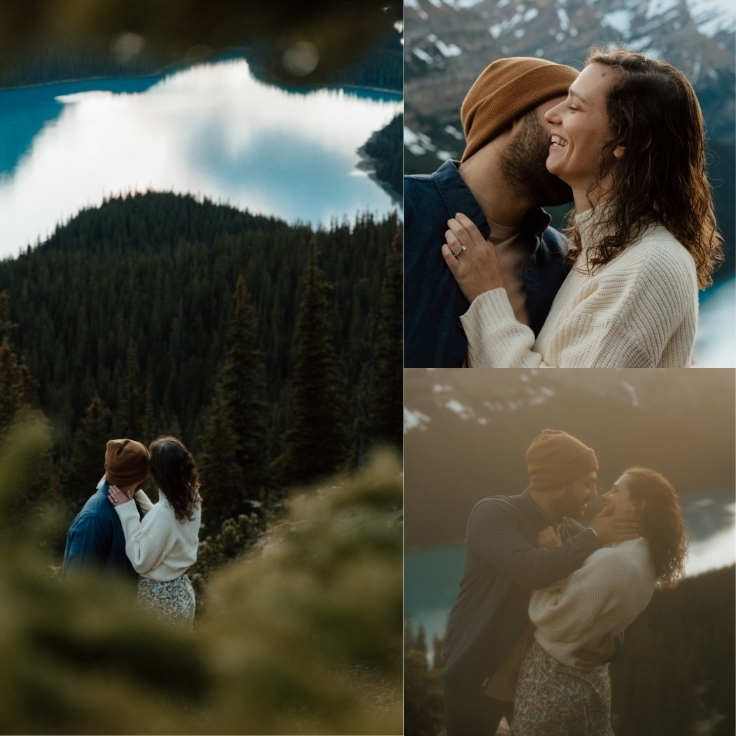 Romantic engagement photos of a couple embracing and laughing above Peyto Lake with glowing sunset light and panoramic mountain views in Banff National Park.