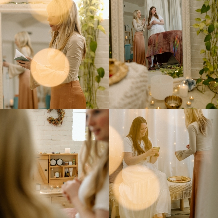 A spiritual facialist welcomes a client into a thoughtfully designed wellness studio where tea, conversation, and calming details create a personalized holistic skincare experience. A spiritual facialist welcomes a client into a thoughtfully designed wellness studio where tea, conversation, and calming details create a personalized holistic skincare experience.