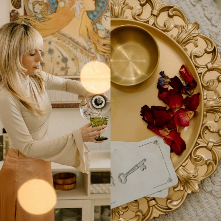 A spiritual facialist pours herbal tea beside a tray of oracle cards and dried rose petals to create a calming, intentional atmosphere before a holistic skincare session. A spiritual facialist pours herbal tea beside a tray of oracle cards and dried rose petals to create a calming, intentional atmosphere before a holistic skincare session.