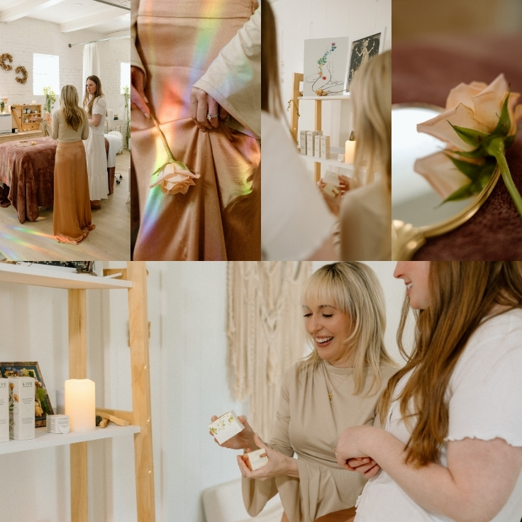 A spiritual facialist guides a client through a welcoming wellness studio while introducing botanical skincare products in a calm and intentional environment. A spiritual facialist guides a client through a welcoming wellness studio while introducing botanical skincare products in a calm and intentional environment.