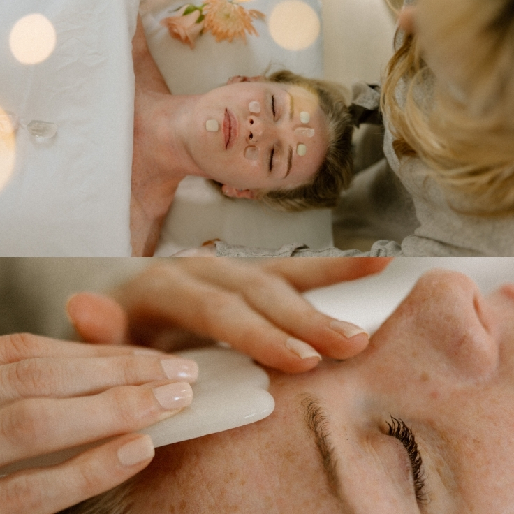 A client receives crystal placement and gua sha facial massage as part of a restorative holistic skincare treatment focused on relaxation and natural rejuvenation. A client receives crystal placement and gua sha facial massage as part of a restorative holistic skincare treatment focused on relaxation and natural rejuvenation.