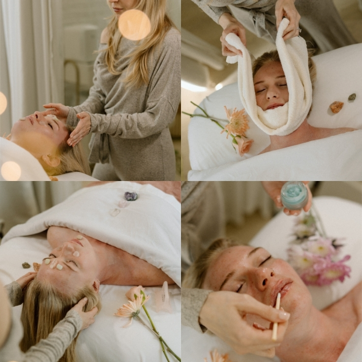 Brand photography captures a spiritual facialist providing a luxury holistic facial with energy healing, warm towels, crystal therapy, and botanical skincare treatments. Brand photography captures a spiritual facialist providing a luxury holistic facial with energy healing, warm towels, crystal therapy, and botanical skincare treatments.