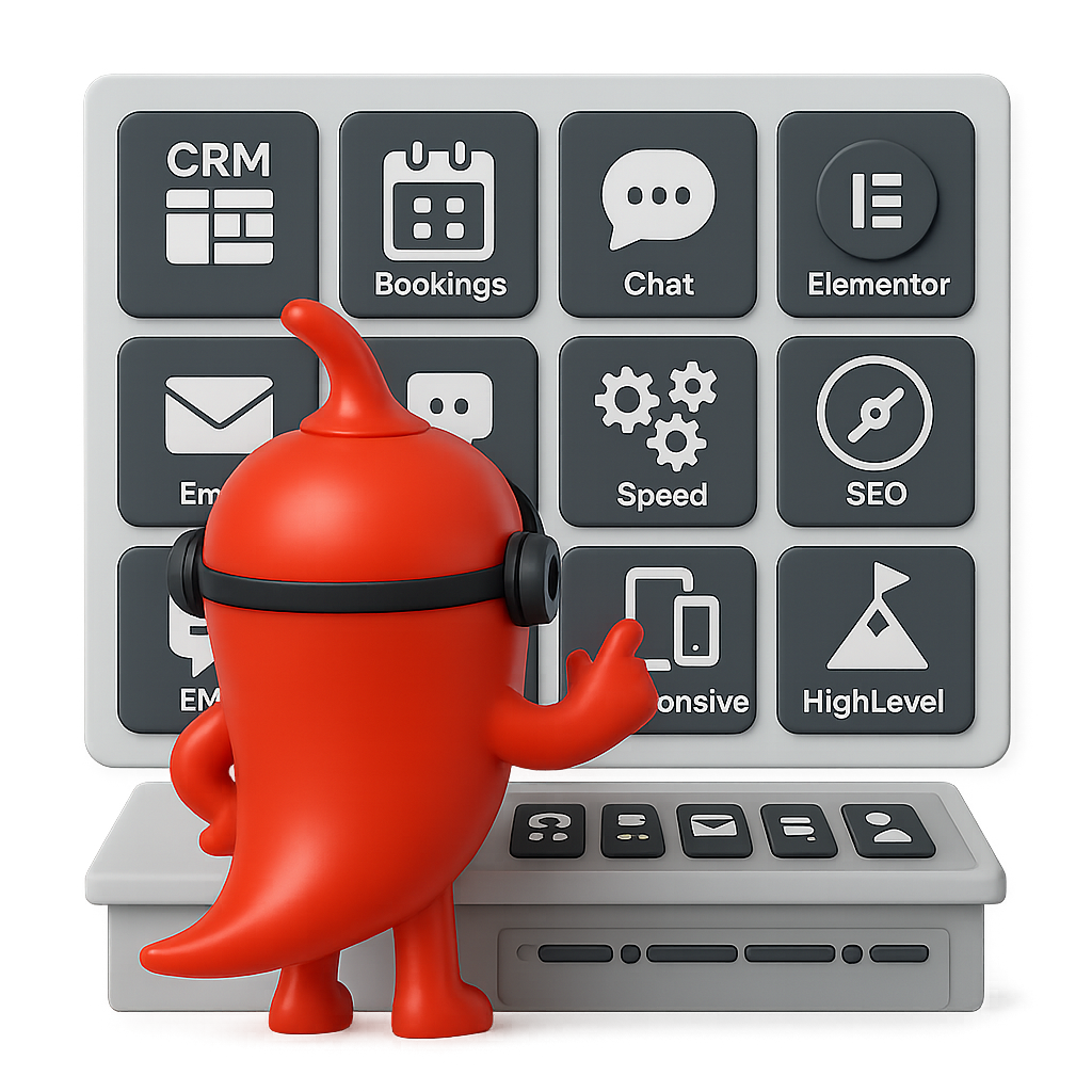 Illustration of Ignacio (Cayenne Pepper Mascot) pointing at a big control panel showing CRM features like email, SEO, chats, automation, reputation management, marketing etc.