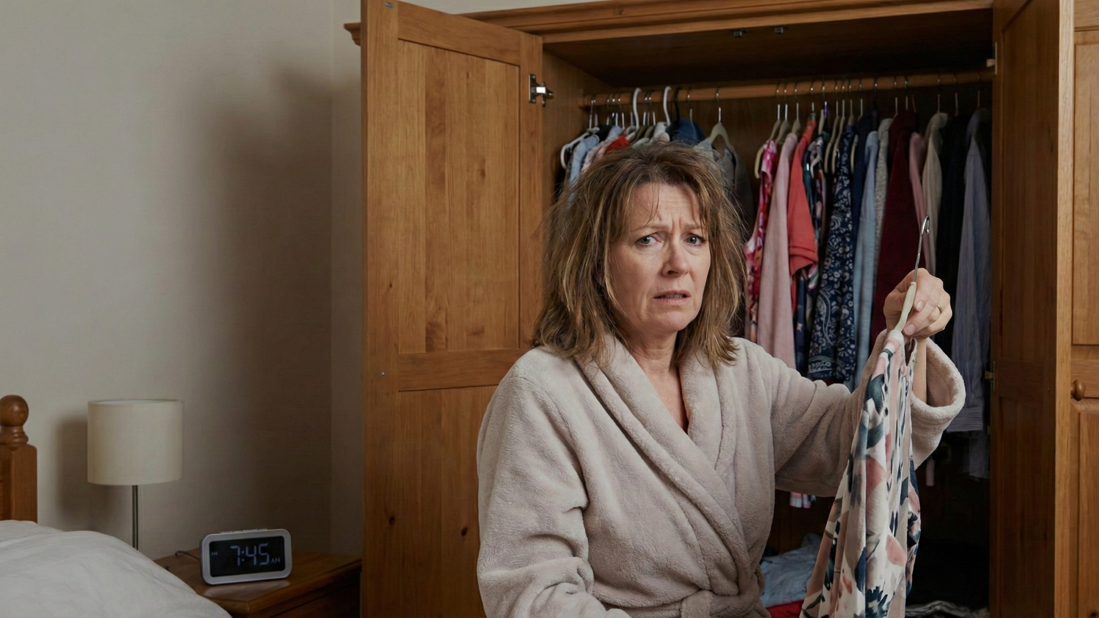 Woman standing in front of a full wardrobe feeling overwhelmed, illustrating why confidence after 50 declines without clear style systems.