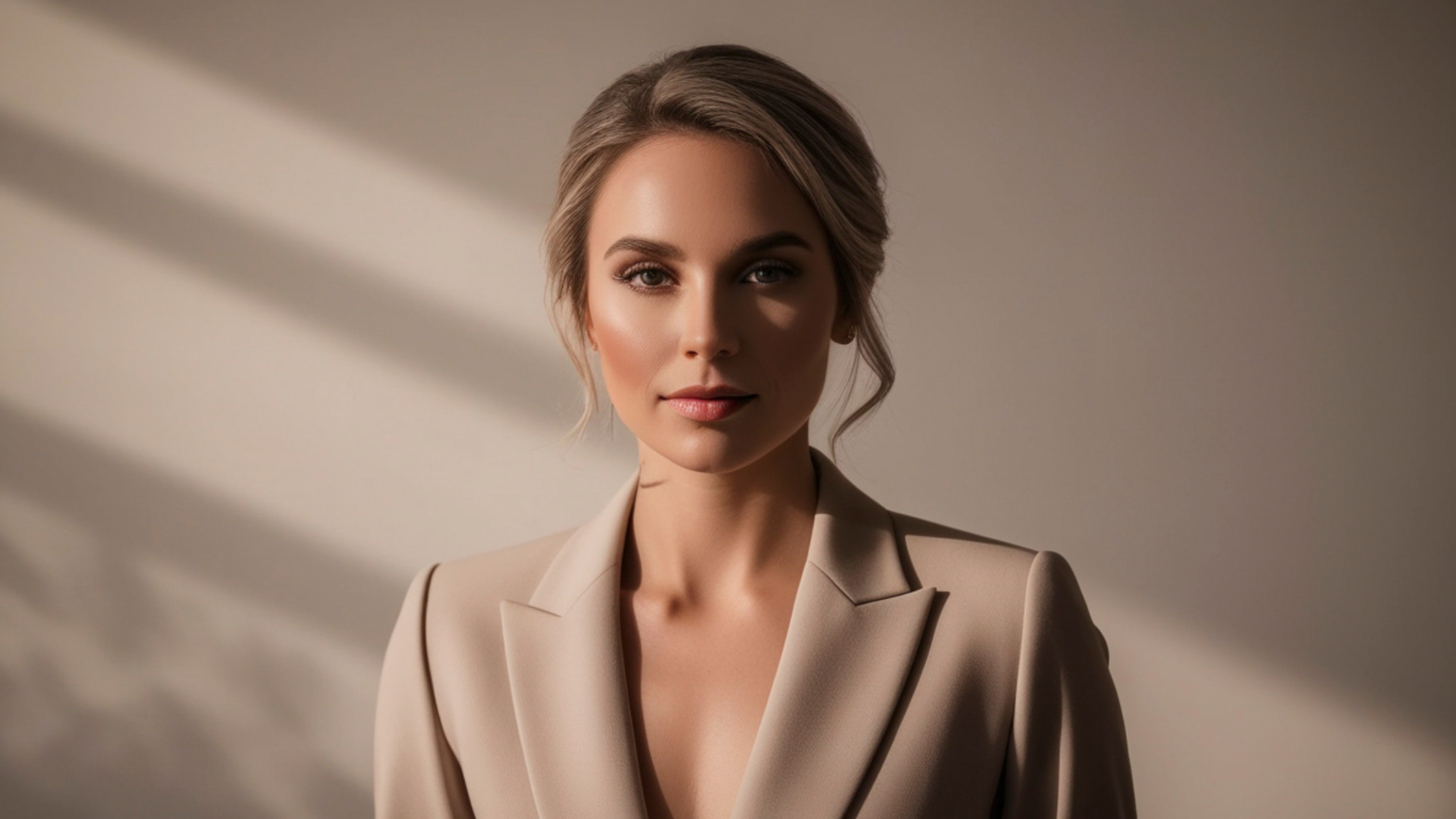 Portrait of a woman in a neutral blazer looking directly at the camera, lit by soft natural light against a minimalist background. Portrait of a woman in a neutral blazer looking directly at the camera, lit by soft natural light against a minimalist background.