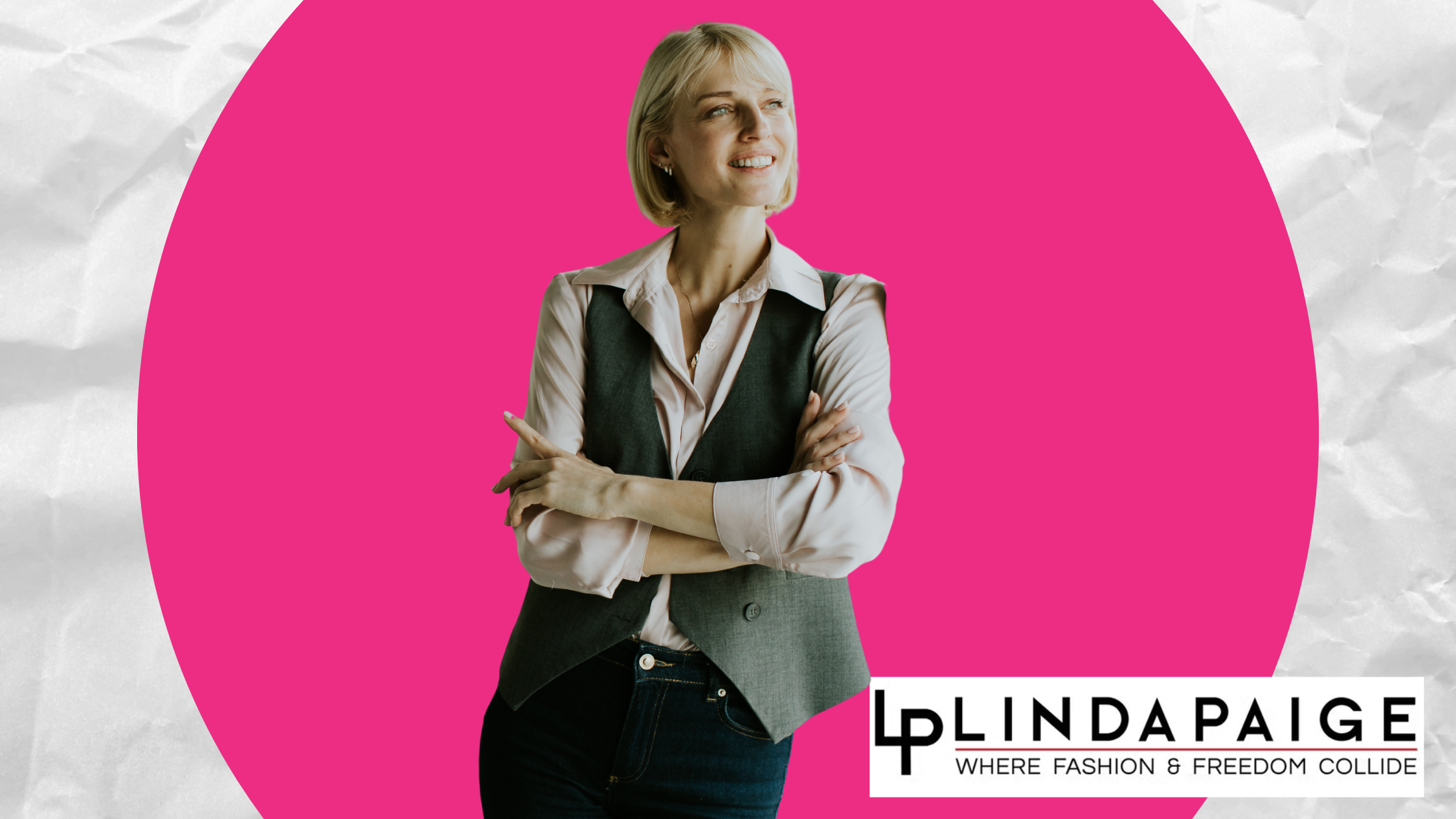 Woman standing with arms crossed and a calm confident expression on a pink background