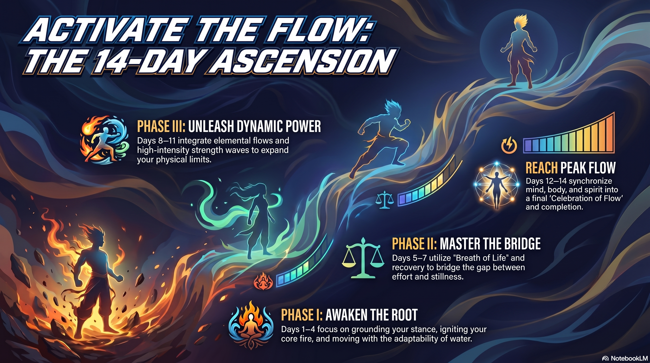 Activate the Flow 14-Day Ascension challenge artwork showing four phases of movement and energy.