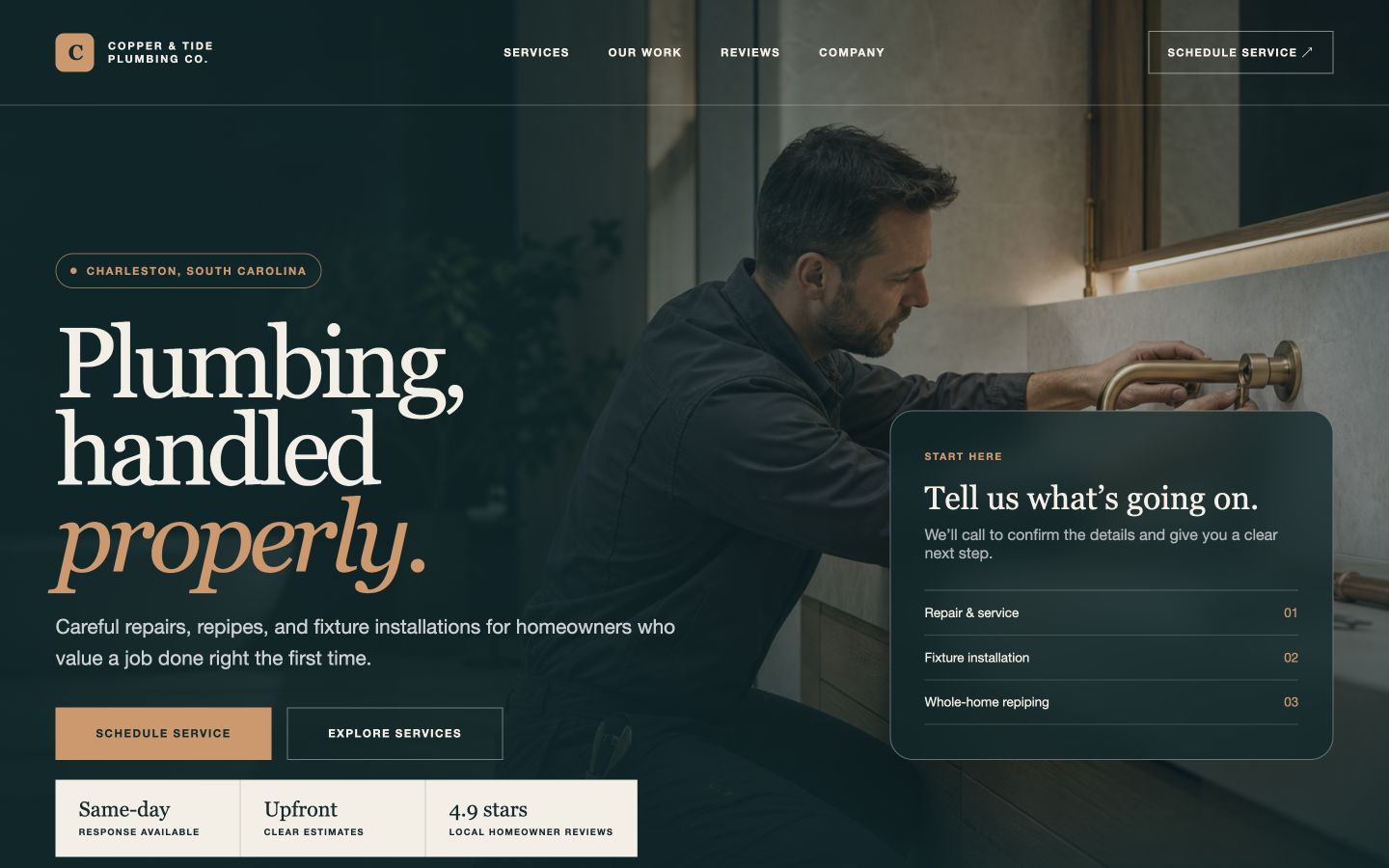 Fictional premium website concept for a plumber, using deep teal, copper accents, refined project photography, and a clear service path.