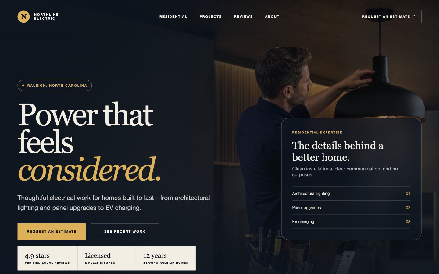 Fictional premium website concept for an electrician, using dark navy, warm amber, architectural photography, and clear trust signals.