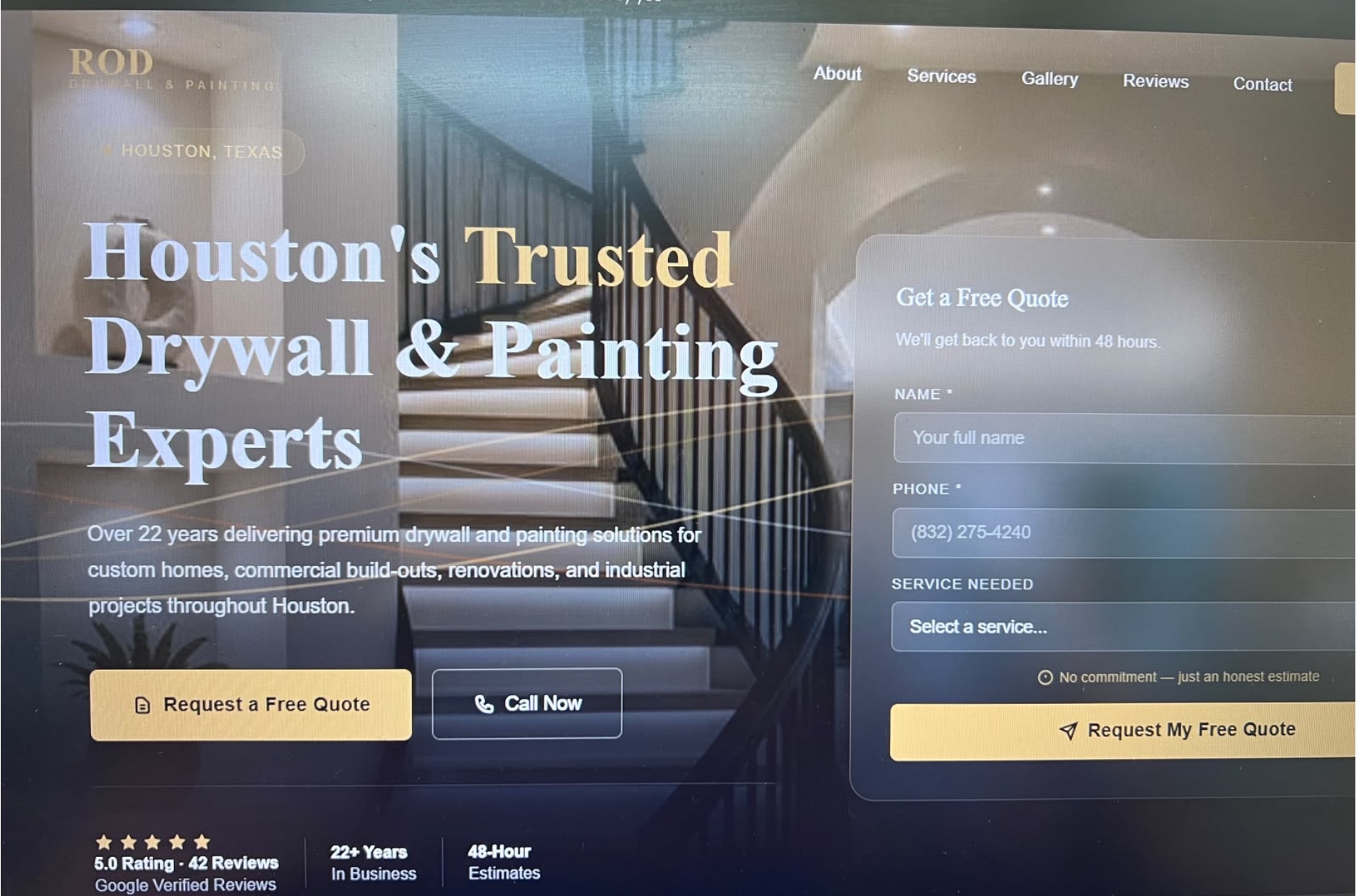 Homepage designed for Rod Drywall and Painting, featuring a premium project photograph, a clear headline, trust signals, and a quote form.
