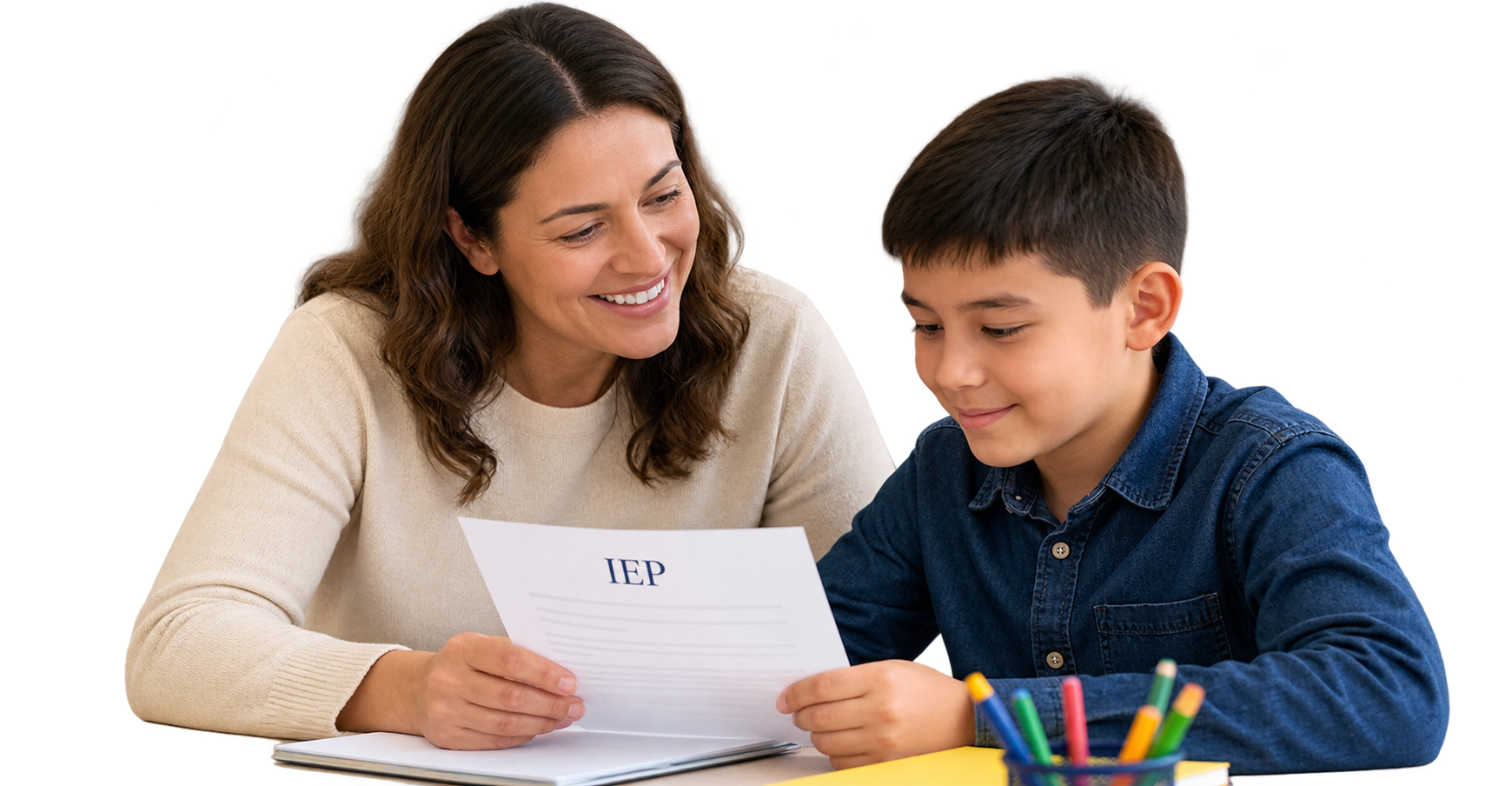 Parent reviewing IEP documents with child