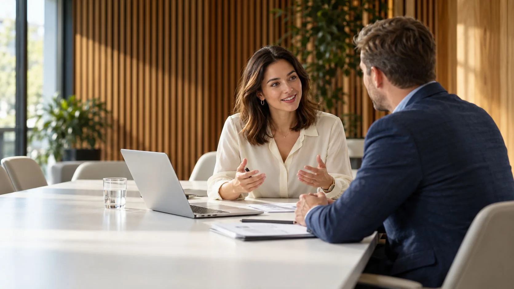 Advisor talking with a business owner across a conference table