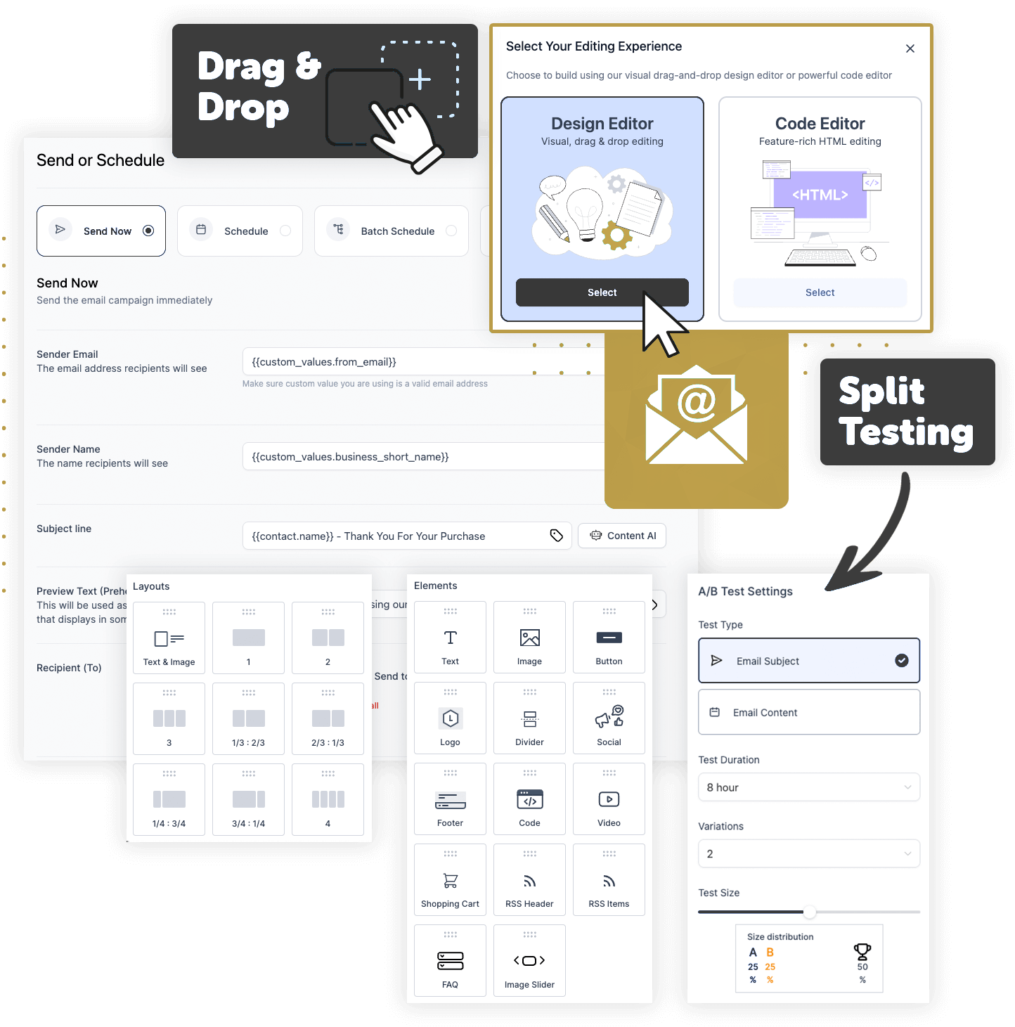 ClinicOS drag and drop email builder with split testing