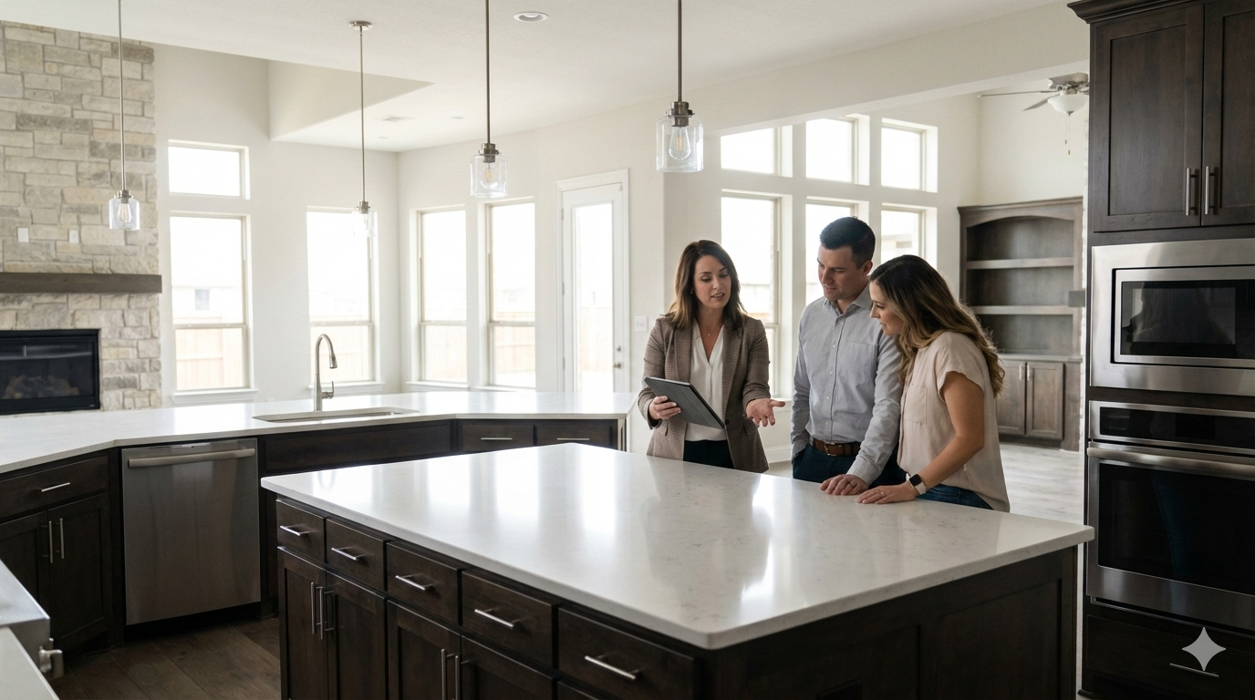 Real estate agent reviewing home details on a tablet with buyers in a bright modern kitchen.