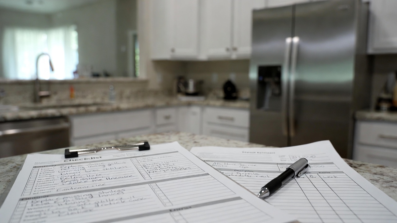 Home selling checklist and paperwork on a kitchen island with a pen, blurred modern kitchen in background.