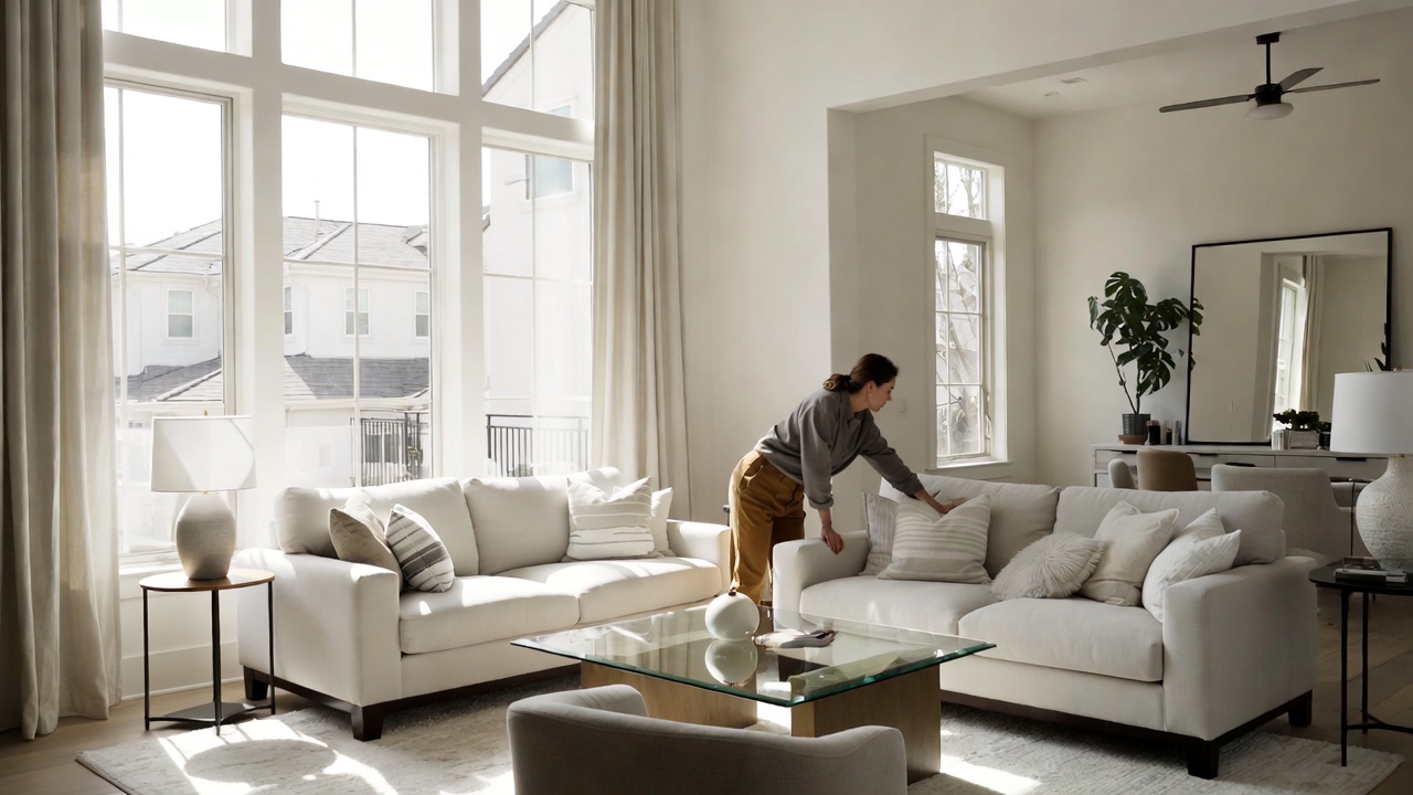 Home staging in a bright living room as a person arranges pillows on a white sofa