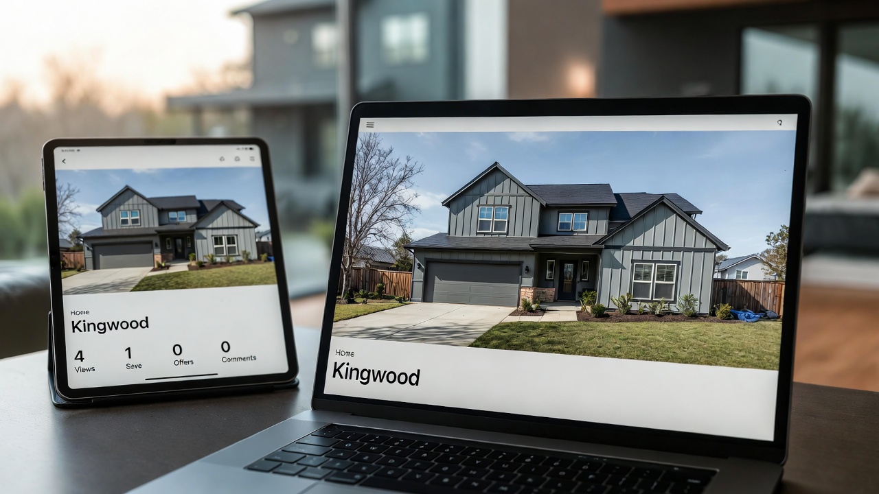 Laptop and tablet display a Kingwood home listing photo with low online engagement metrics, illustrating the importance of pricing and exposure strategy.