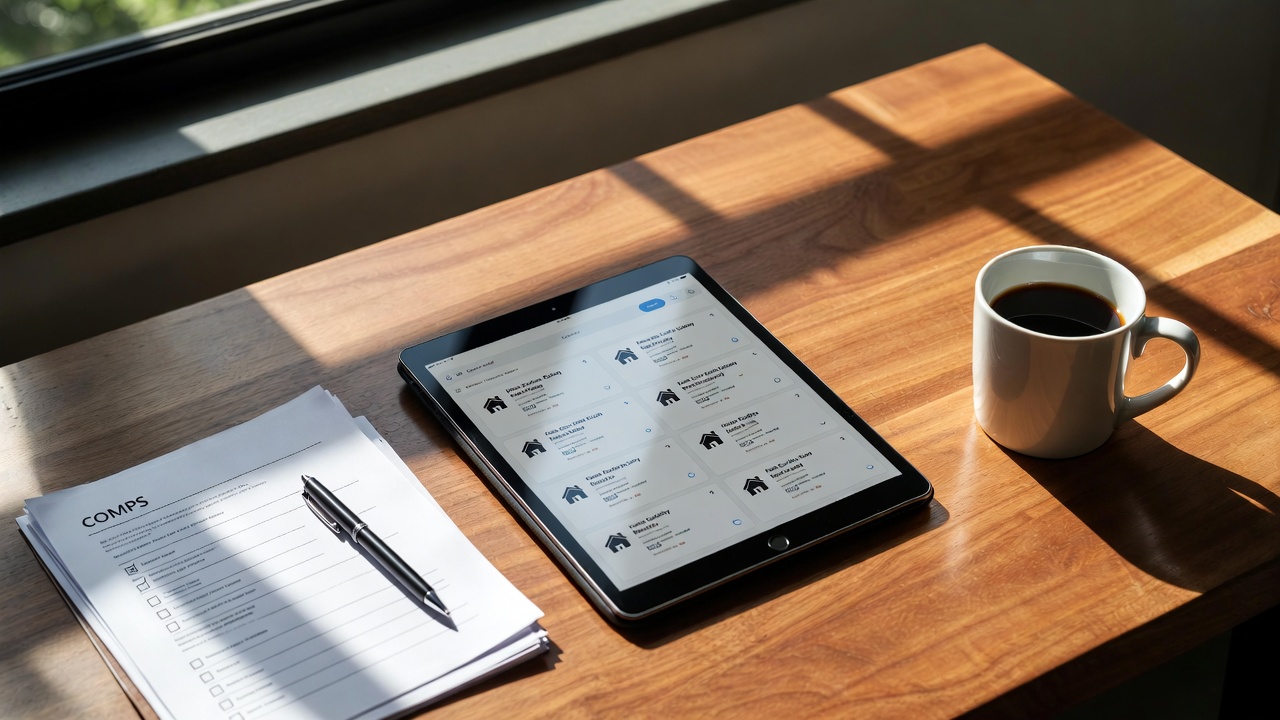 Sunlit desk with comps checklist and pen beside a tablet showing property listings, next to a coffee cup, representing real estate pricing research.