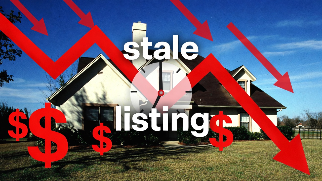 Stale home listing graphic with downward red arrows, dollar symbols, and a clock overlay, illustrating price reductions and lost market momentum