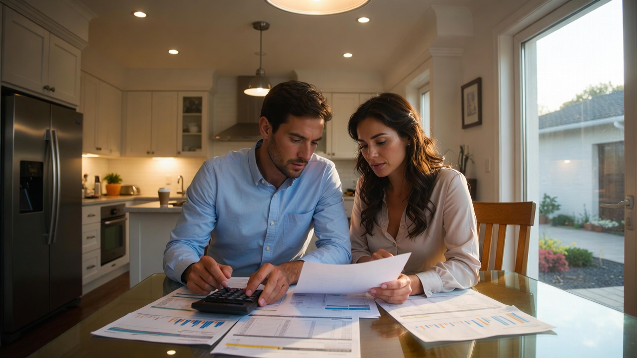 Homeowners reviewing pricing and budget documents with a calculator at a kitchen table, preparing to sell their home.