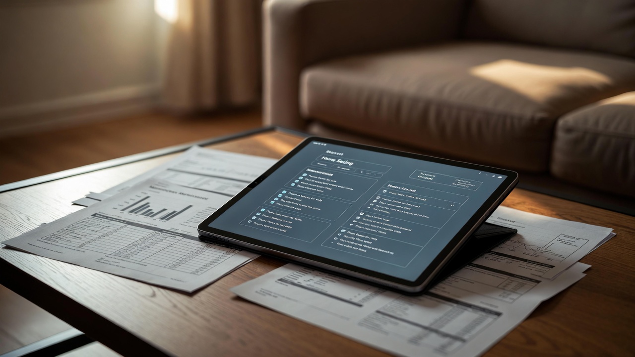 Tablet showing a home-selling checklist on a coffee table with pricing documents and market reports in a sunlit living room