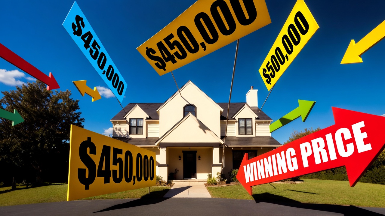 Home with multiple price signs and arrows showing $450,000 and $500,000, highlighting the ‘winning price’ strategy for sellers