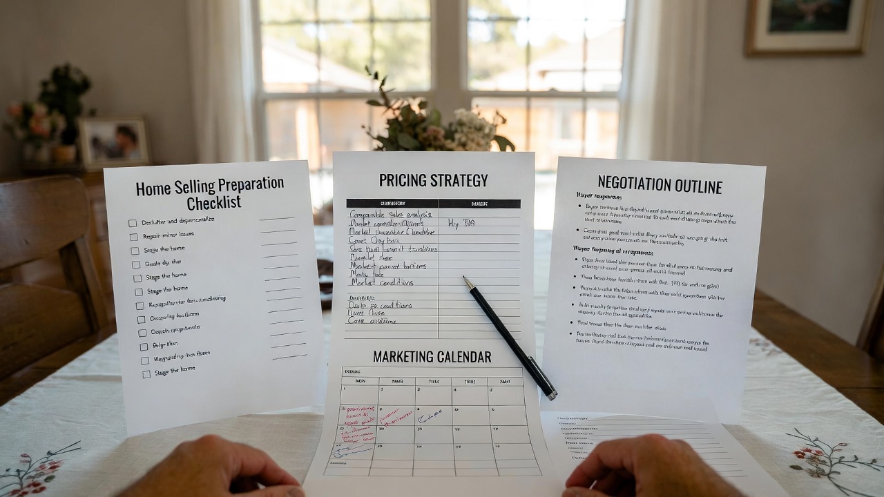 Home selling documents on a table: preparation checklist, pricing strategy sheet, negotiation outline, and marketing calendar.