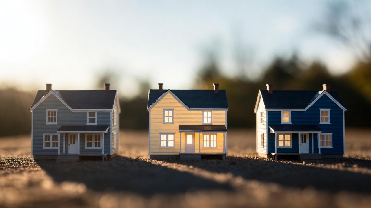 Three miniature model houses in a row at sunset, representing home pricing and real estate market comparison Three miniature model houses in a row at sunset, representing home pricing and real estate market comparison