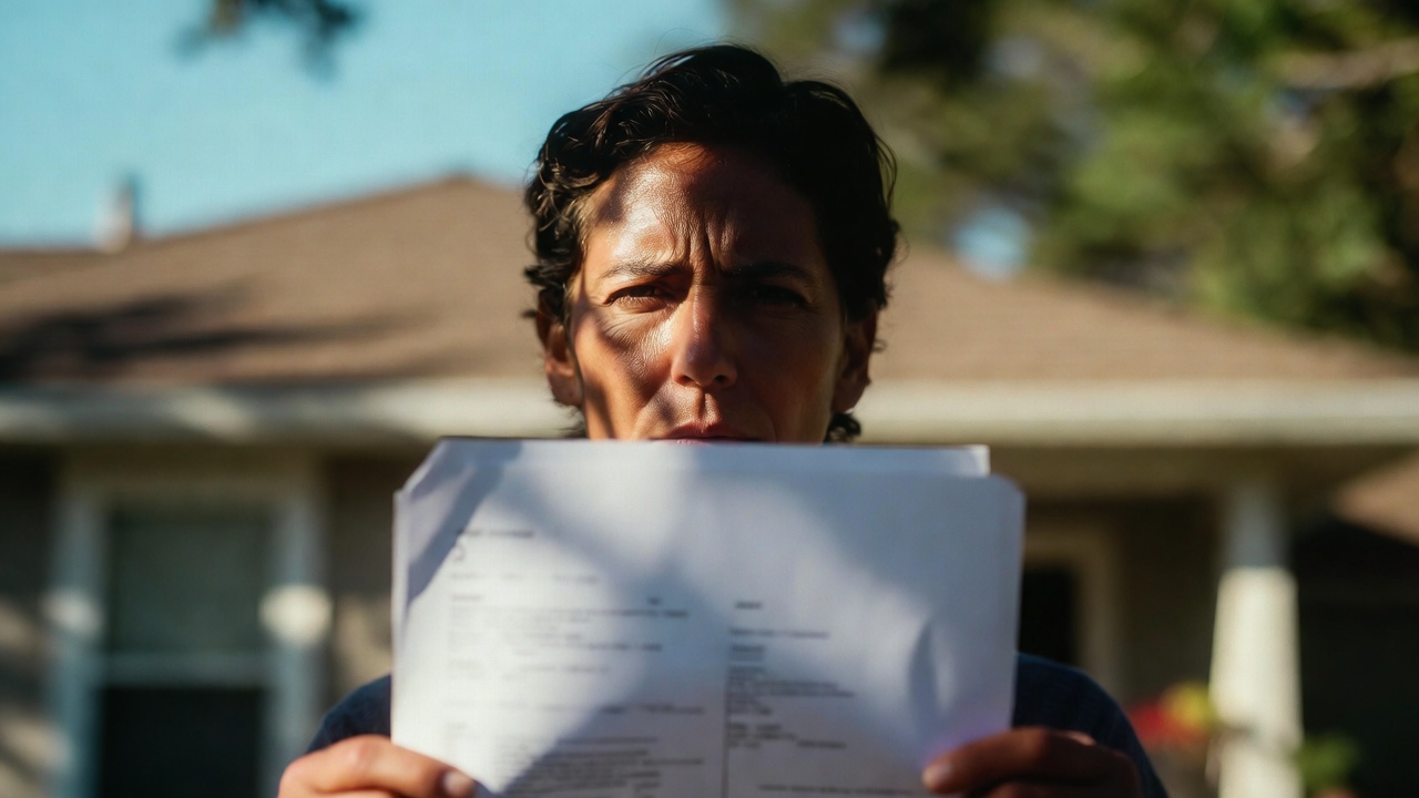 Homeowner holding real estate paperwork in front of a house, representing disclosures, contract documents, and the home selling process Homeowner holding real estate paperwork in front of a house, representing disclosures, contract documents, and the home selling process