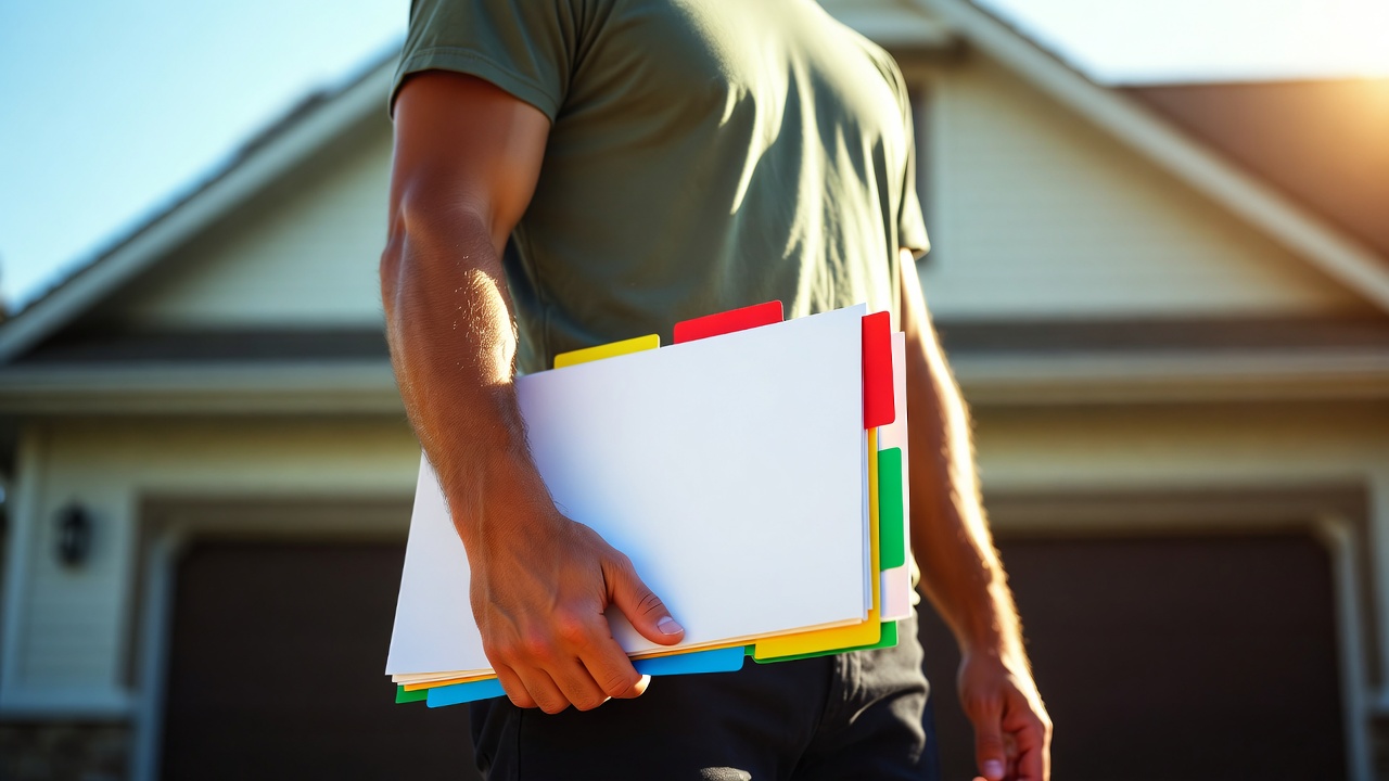 Homeowner holding a stack of closing documents and disclosure paperwork with color-coded tabs in front of a house Homeowner holding a stack of closing documents and disclosure paperwork with color-coded tabs in front of a house
