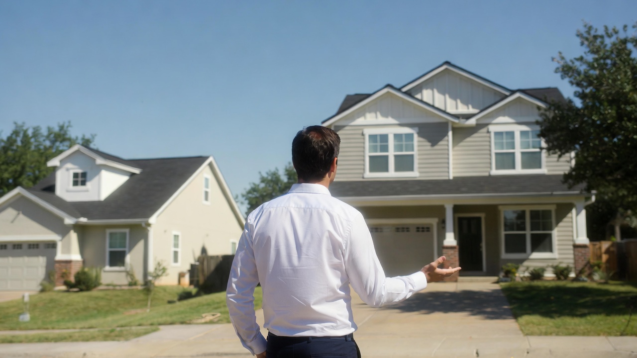 Real estate agent standing in driveway and presenting a two-story home during a showing Real estate agent standing in driveway and presenting a two-story home during a showing