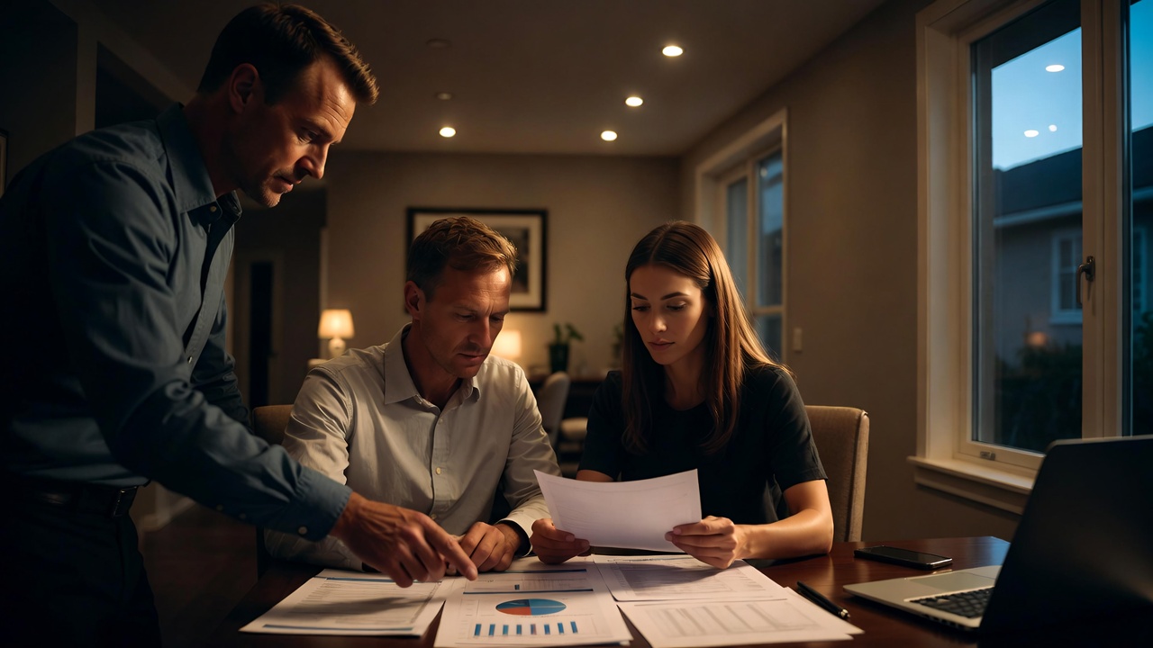 Agent meeting with homeowners to review listing price strategy, comps, and selling plan Agent meeting with homeowners to review listing price strategy, comps, and selling plan