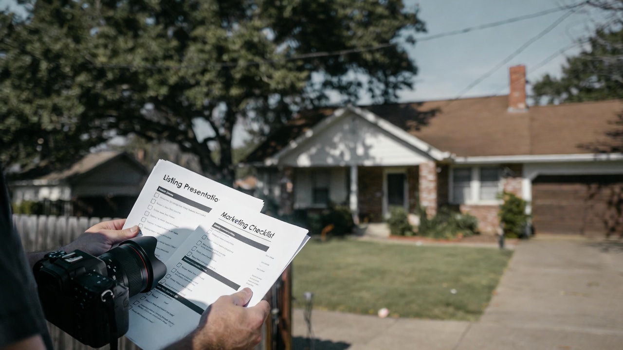 Real estate agent holding a listing presentation and marketing checklist with a camera in front of a home Real estate agent holding a listing presentation and marketing checklist with a camera in front of a home