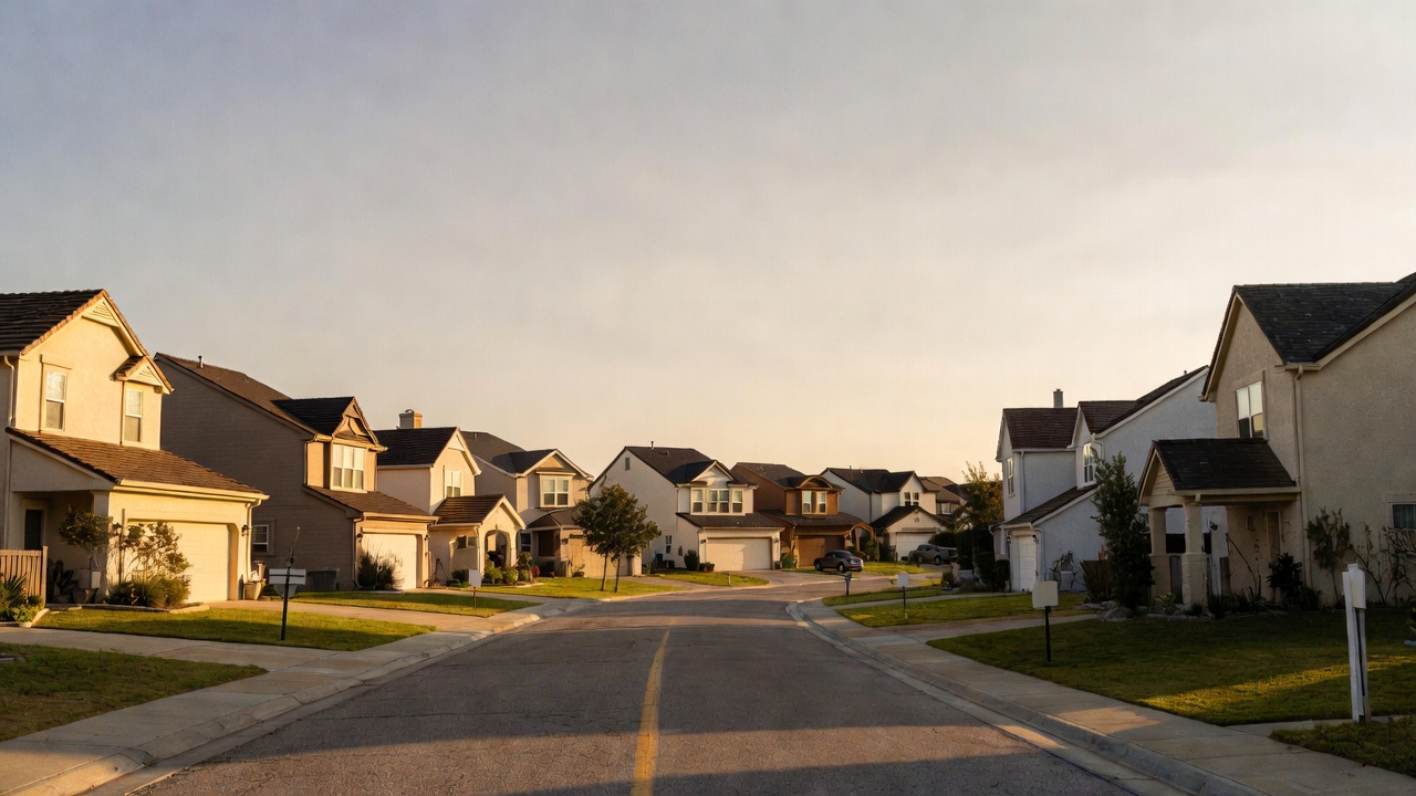 Suburban neighborhood street lined with single-family homes during golden hour