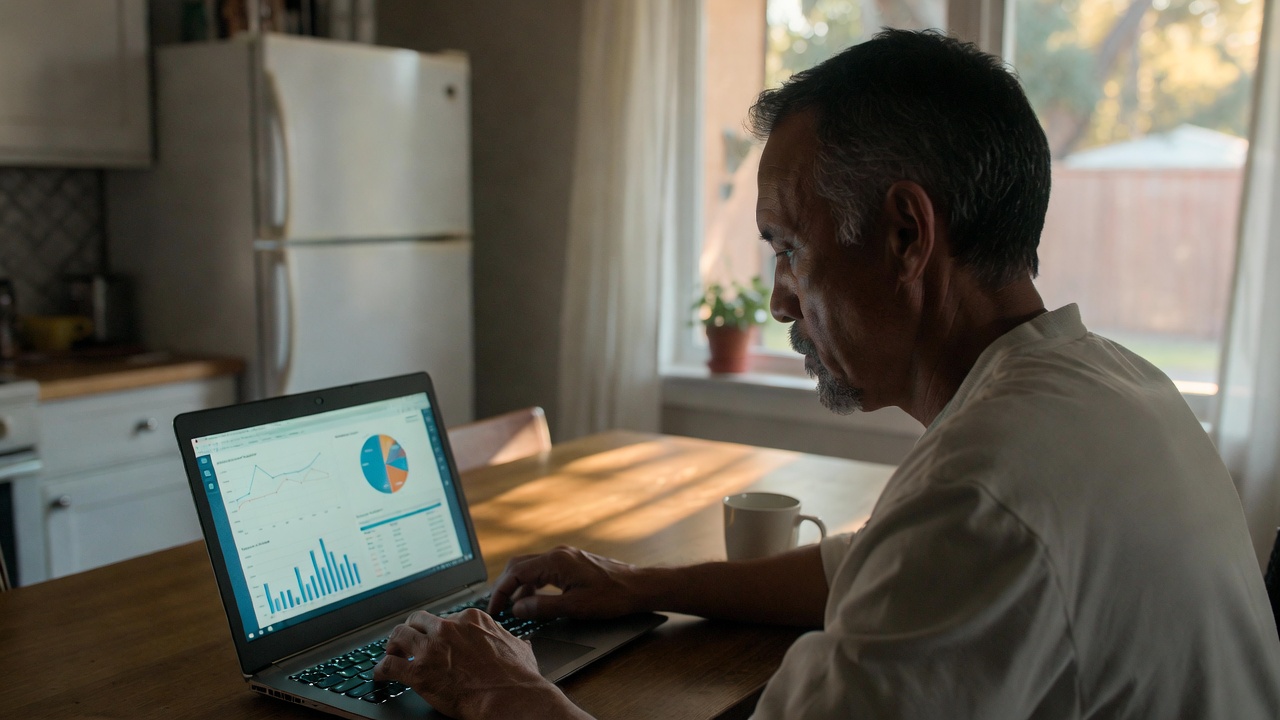 Homeowner reviewing real estate market data and home pricing charts on a laptop at the kitchen table