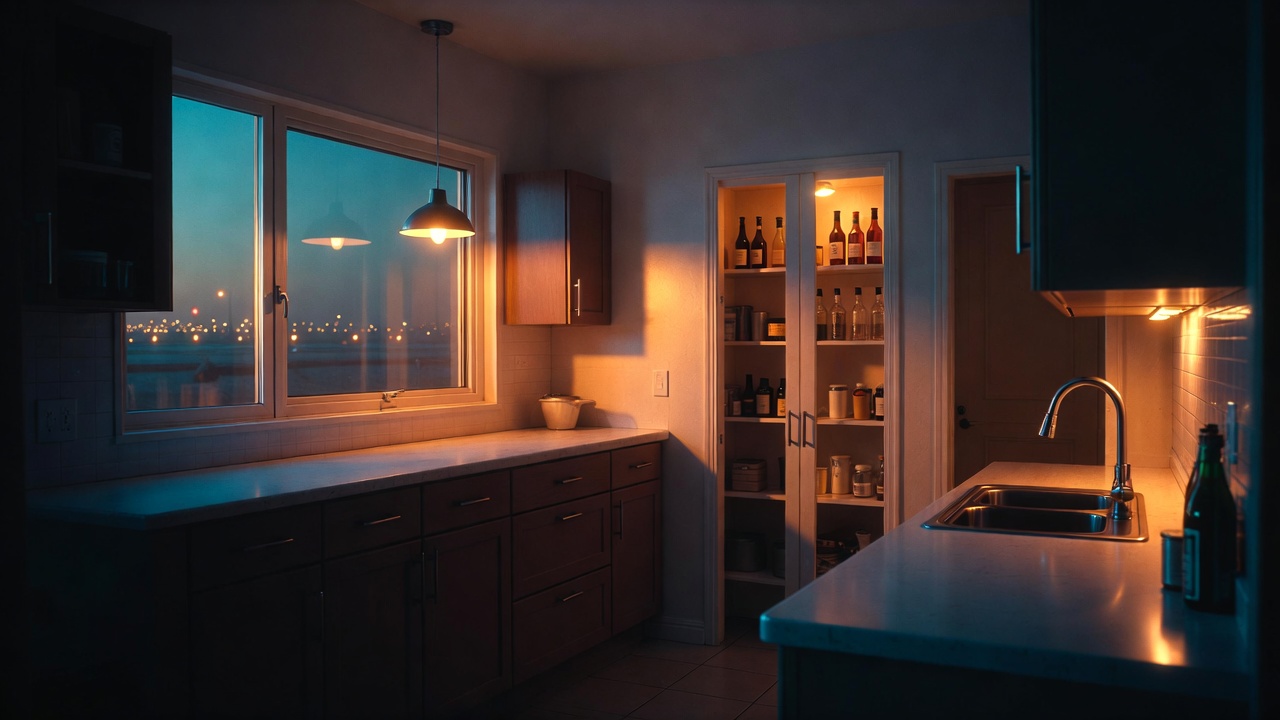 Dimly lit kitchen with open pantry and visible bottles, representing home staging and buyer perception during a showing