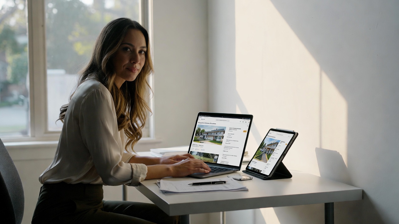 Woman reviewing an online home listing on a laptop and tablet at a desk