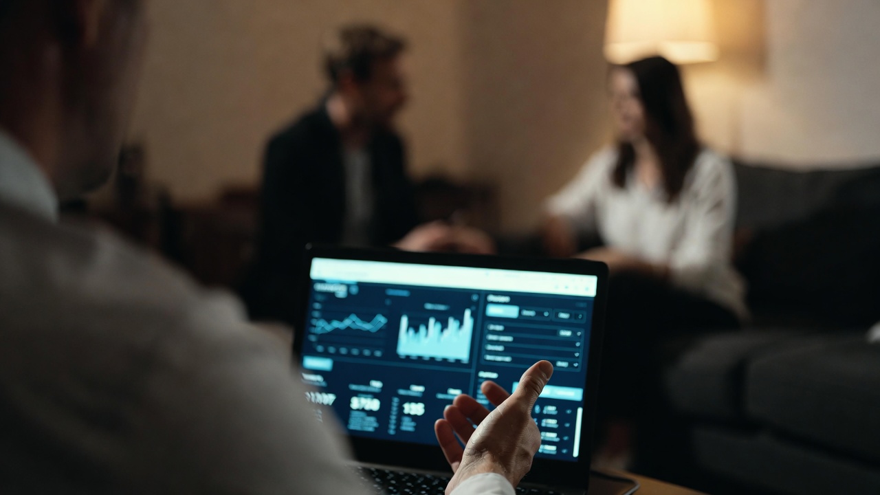 Real estate agent presenting market data and pricing charts on a laptop during a seller consultation