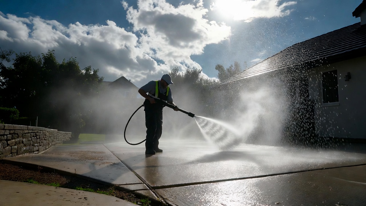 Pressure washing a driveway outside a home to improve curb appeal before listing