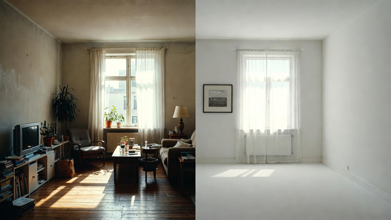 Before-and-after living room comparison showing a cluttered space transformed into a bright, clean room for better buyer appeal