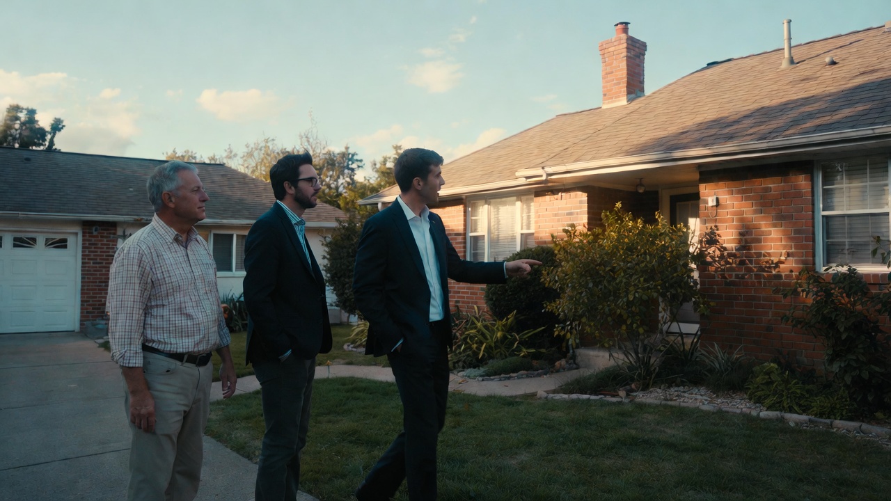 Real estate agent walking homeowners through an exterior property review in front of a brick house