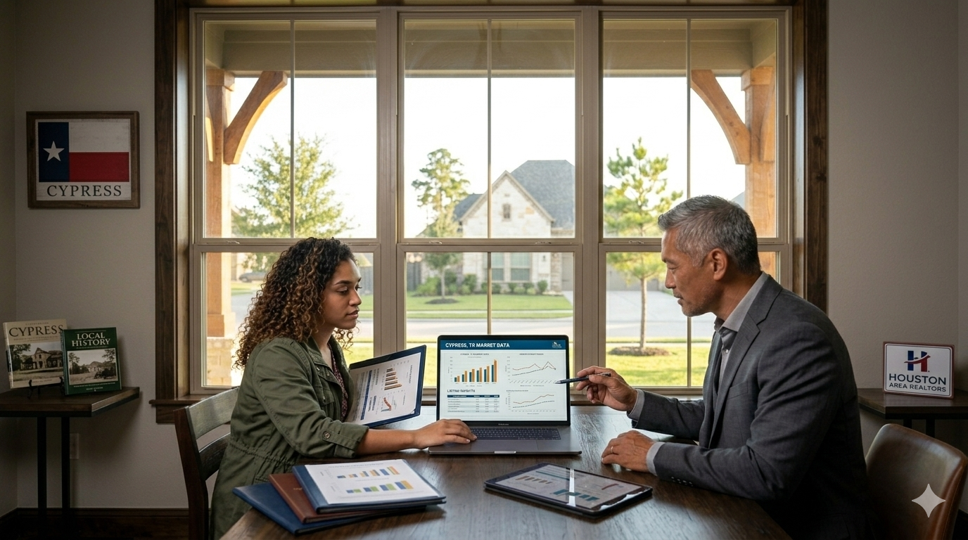Real estate agent reviewing Cypress TX market data and home pricing trends with a client during a consultation