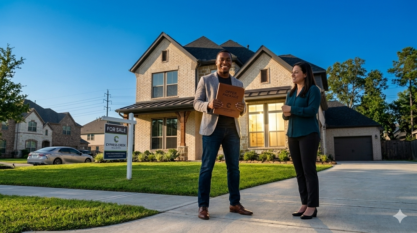 Happy homebuyer holding an offer package in front of a Cypress home for sale with a real estate agent