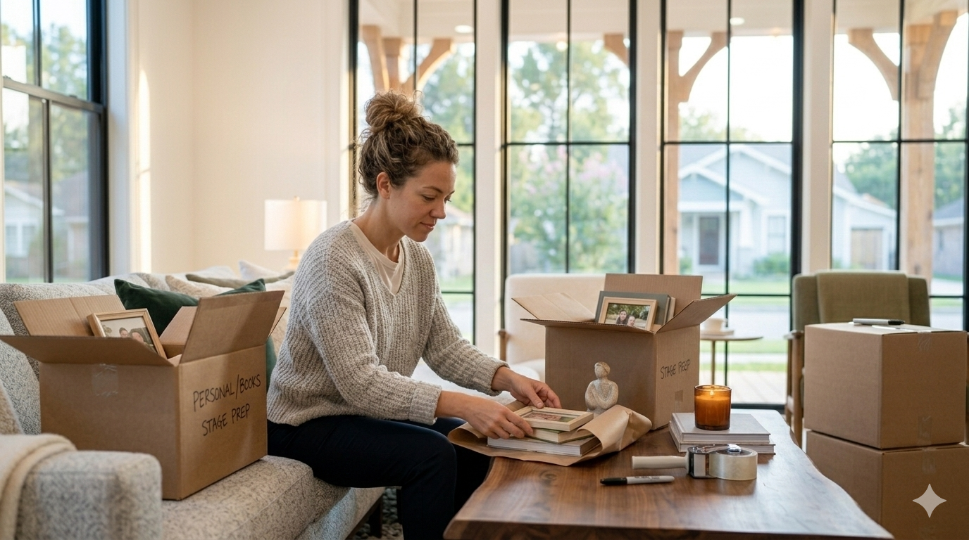 Homeowner packing personal items and decluttering a living room to stage a home for sale