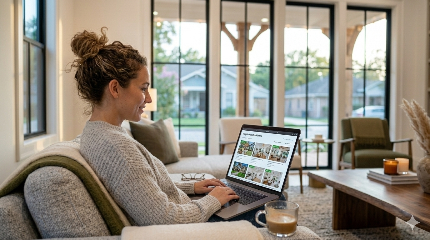 Woman browsing Cypress home listings online on a laptop while relaxing in a living room