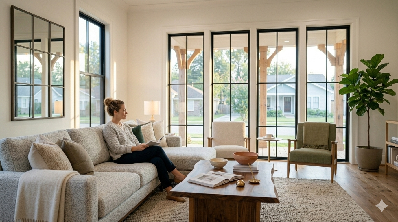 Bright, staged living room with neutral decor, large windows, and a homeowner relaxing on the sofa