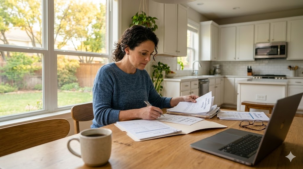 Homeowner reviewing and signing real estate paperwork at a kitchen table with a laptop, preparing for a home sale