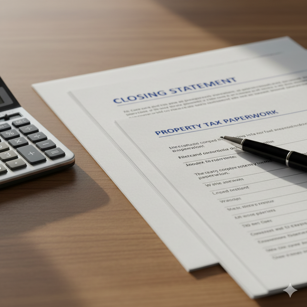 Closing statement and property tax paperwork on a desk with calculator and pen, representing home sale closing costs